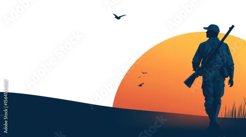 Silhouette of a hunter walking at sunset