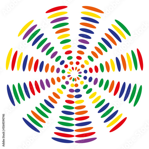 Vibrant radial pattern. Colorful spiral design. Abstract sunburst effect. Vector striped element.