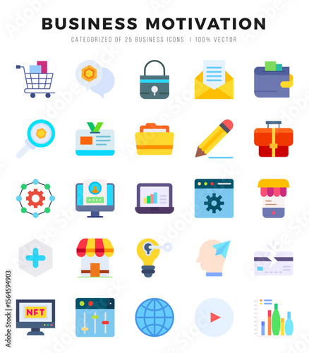 Set of BUSINESS MOTIVATION icons in Flat style. High quality Flat Icons symbol collection.