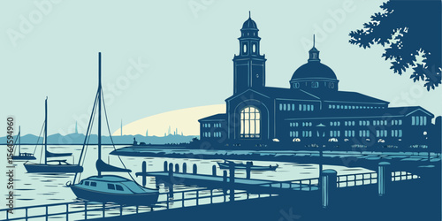 Vector Silhouette of Waukegan Illinois Featuring Waterfront, Historic Theatre, and Scenic Lake Views – Ideal for Illinois Coastal and Suburban Themes