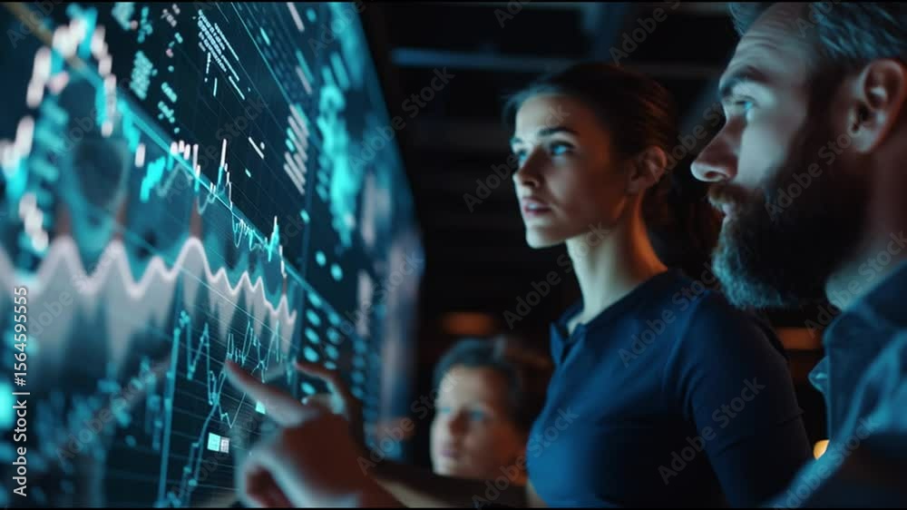 Professionals analyze data trends using advanced technology in a modern workspace