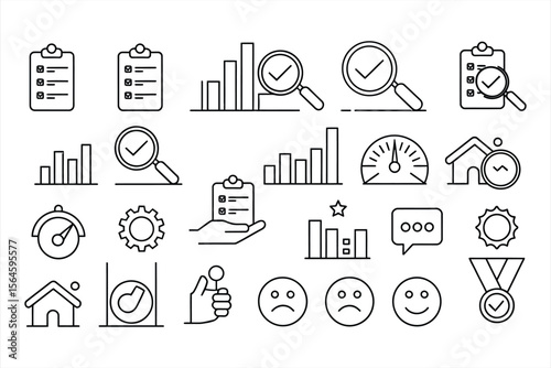 Collection of business and finance icons with checklist graphs magnifying glass and feedback symbols