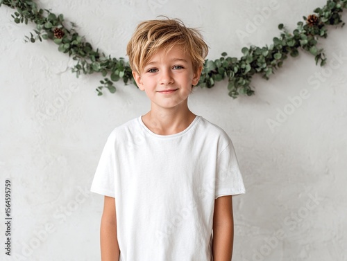 Boy in blank t-shirt with simple Christmas garland in background, neutral holiday setting, ideal for t-shirt mockup, minimal and clean design space. High quality