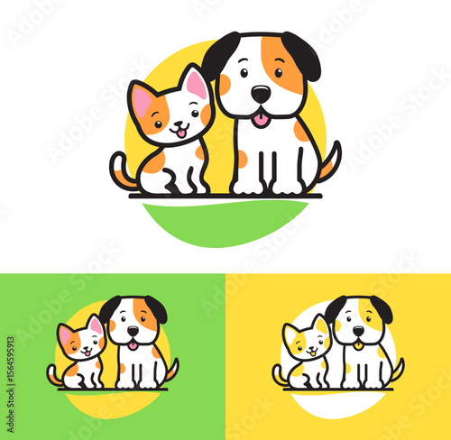 Cute illustration of a cat and dog with orange and white patches, tongue out. Simple pet or animal service branding logo or symbol, with color variations