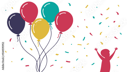 Colorful Party Balloons with Confetti Silhouettes in Vector Style, Isolated on Clean White Background for Celebration and Festive Design