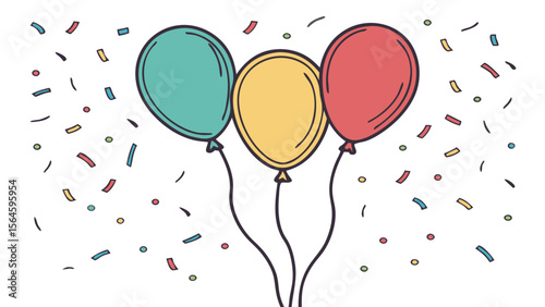 Colorful Party Balloons with Confetti Silhouettes in Vector Style, Isolated on Clean White Background for Celebration and Festive Design