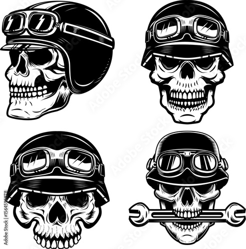 Illustration of skull in racer helmet. Design element for poster, card, banner, emblem, sign. Vector illustration