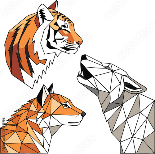 Modern Polygon Art of Three Wild Animals  Frontal View of Lynx Tiger and Wolf in Geometric Triangular Style