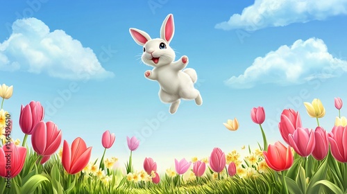 White Bunny Leaping in a Vibrant Spring Meadow with Tulips