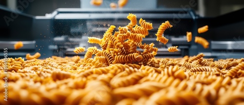 Close-up of uncooked fusilli pasta spirals spilling out from a modern stainless steel pasta maker machine on a sleek kitchen surface