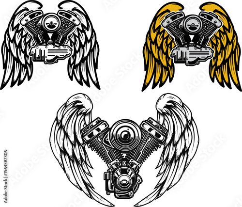 Set of winged motorcycle engine. Design elements for poster, emblem, sign, logo, label, emblem.