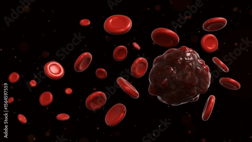 A 3d rendering of blood sample containing a cancerous formation, providing a clear and representation of a blood tumor or a malignant cell amidst normal blood components. 