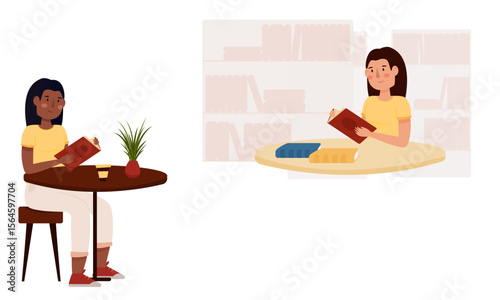 A girl enthusiastically reads a book in a cafe, in a park, in a library, on a swing. Literary girl