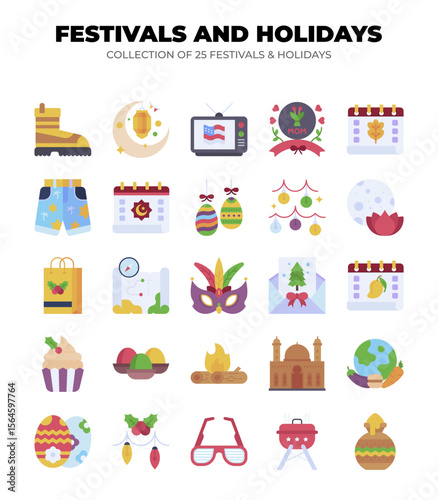 Festivals and Holidays. Collection of 25 vibrant icons celebrating diverse cultures and traditions worldwide.