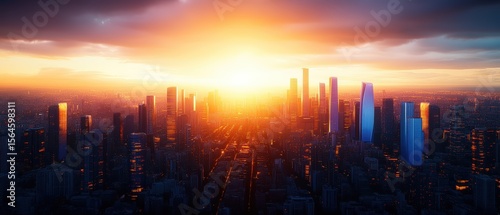 Stunning cityscape du vibrant sunset with high-rise buildings and colorful sky