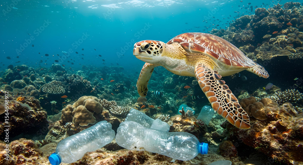 Fototapeta premium Turtle Surrounded by Plastic Bottles
