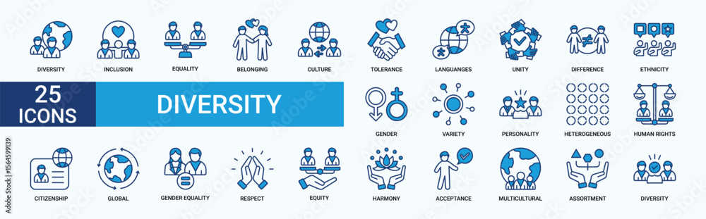 Fototapeta premium Diversity icon set. Containing equality, culture, languages, tolerance, difference, belonging, human rights and ethnicity icons. Blue icon collection. Vector illustration.