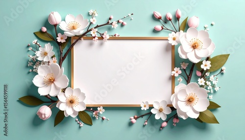 Floral decoration with blank frame studio setup paper art bright environment top down view visual aesthetics for creative projects