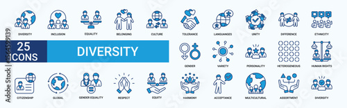 Diversity icon set. Containing equality, culture, languages, tolerance, difference, belonging, human rights and ethnicity icons. Blue icon collection. Vector illustration.