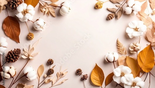 Elegant floral arrangement with cotton and pinecones on soft background nature inspired decorative art aesthetic close-up view