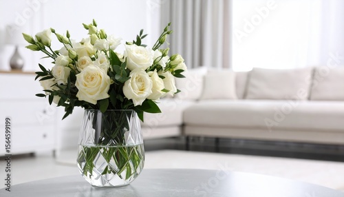 White roses and Eustoma flowers in a glass vase on a table blurred living room background