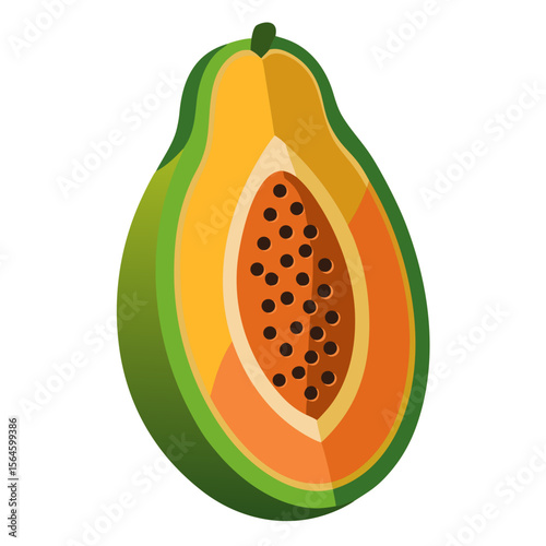 a halved papaya fruit showing the green outer skin, bright orange flesh, and dark seeds in the center cavity in a clean vector art style.