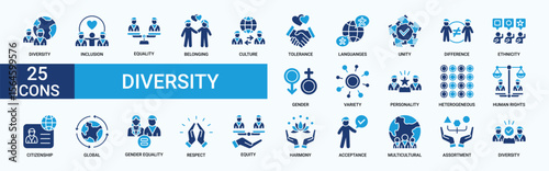 Diversity icon set. Containing equality, culture, languages, tolerance, difference, belonging, human rights and ethnicity icons. Flat Blue icon collection. Vector illustration.