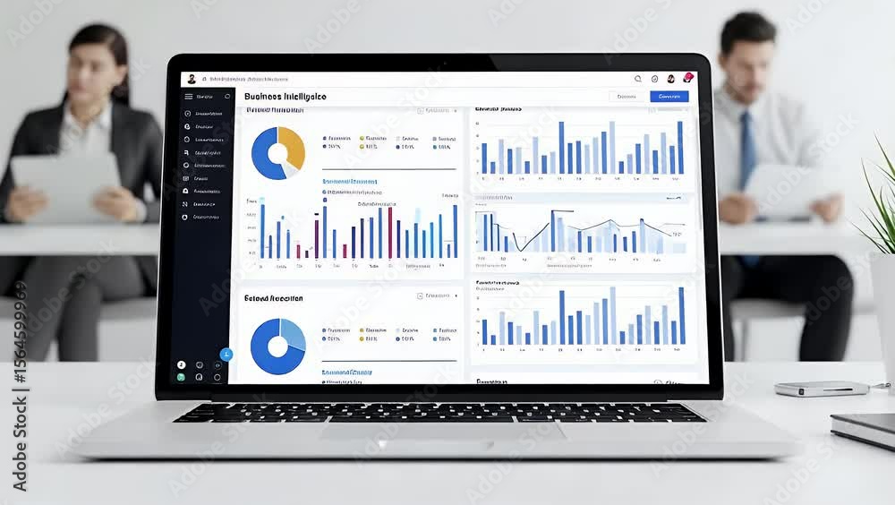 Laptop displaying business intelligence dashboards with charts and graphs