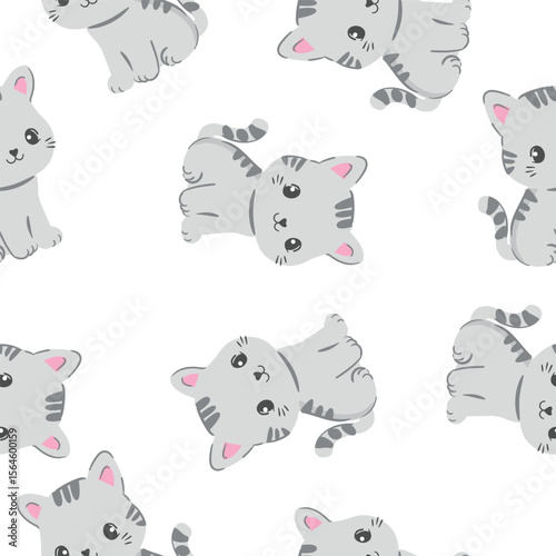 Hand drawn vector seamless pattern with playful kittens on white background