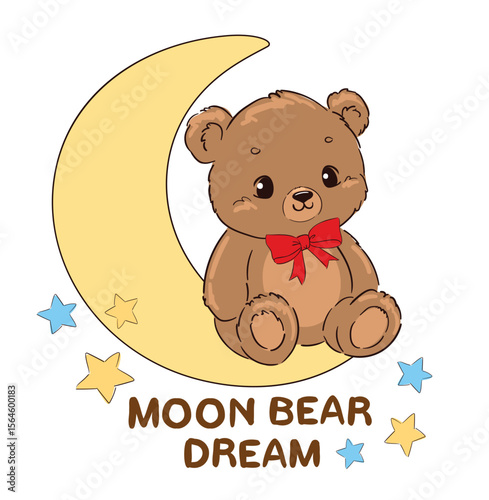 Hand drawn vector illustration of teddy bear sitting on the moon with stars