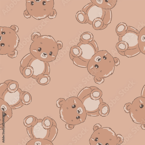 Hand drawn vector seamless pattern of plush teddy bears in beige tones