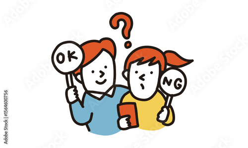OKかNGか　スマホの使い方やルールについて一緒に考える親子のイラスト