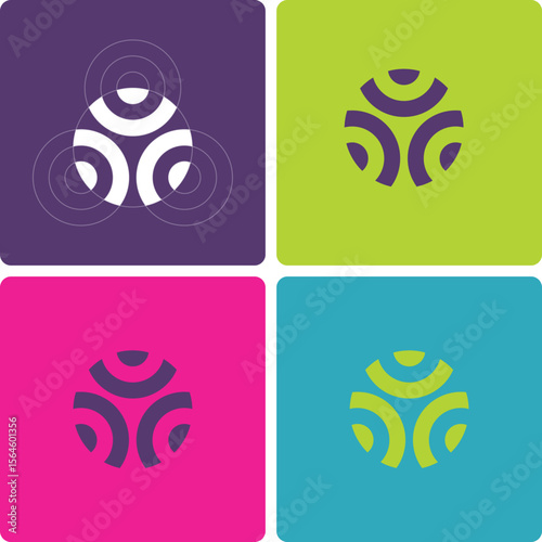 Modern abstract circular logo design presented in four vibrant color variations. The geometric symbol conveys innovation and connectivity, perfect for tech, creative, or corporate branding.