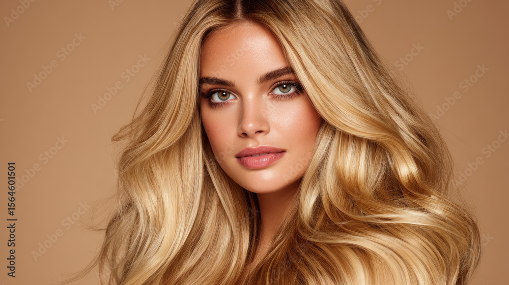 Fototapeta premium Blonde wavy hair woman with glowing skin and natural makeup posing against beige background with confident expression