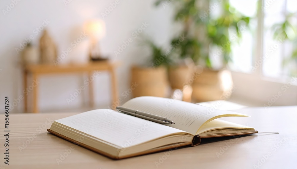 Open notebook with pen on wooden table blurred home interior background Open notebook with pen on wooden table blurred home interior background
