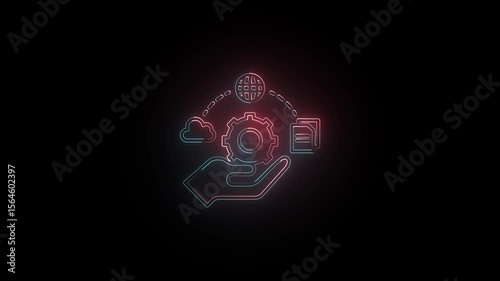 Neon hand holding gear process with shape transformation neon technology icon depicting data and global connectivity Globalization technology icon animation by  tow color neon on black background.