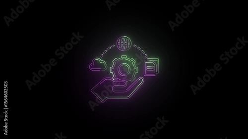 Neon hand holding gear process with shape transformation neon technology icon depicting data and global connectivity Globalization technology icon animation by tow color neon on black background.