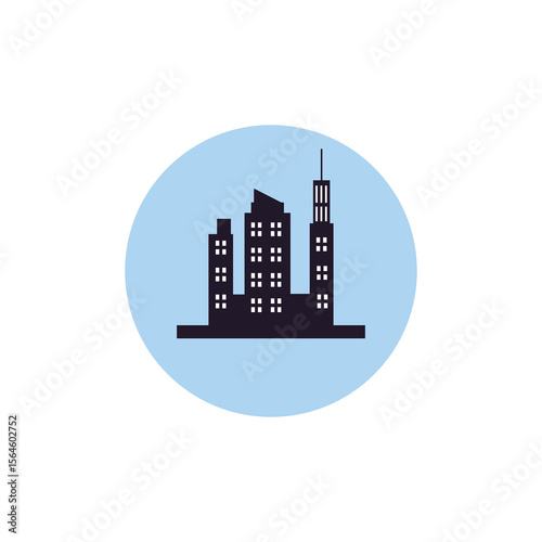 Silhouette of a city skyline featuring various buildings within a blue circle.