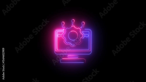Glowing neon line Tv and gear icon isolated on black background. Computer Science Outline Icon in HD Video Neon, technology icon ,Animation – Technology and Education Television service concept.