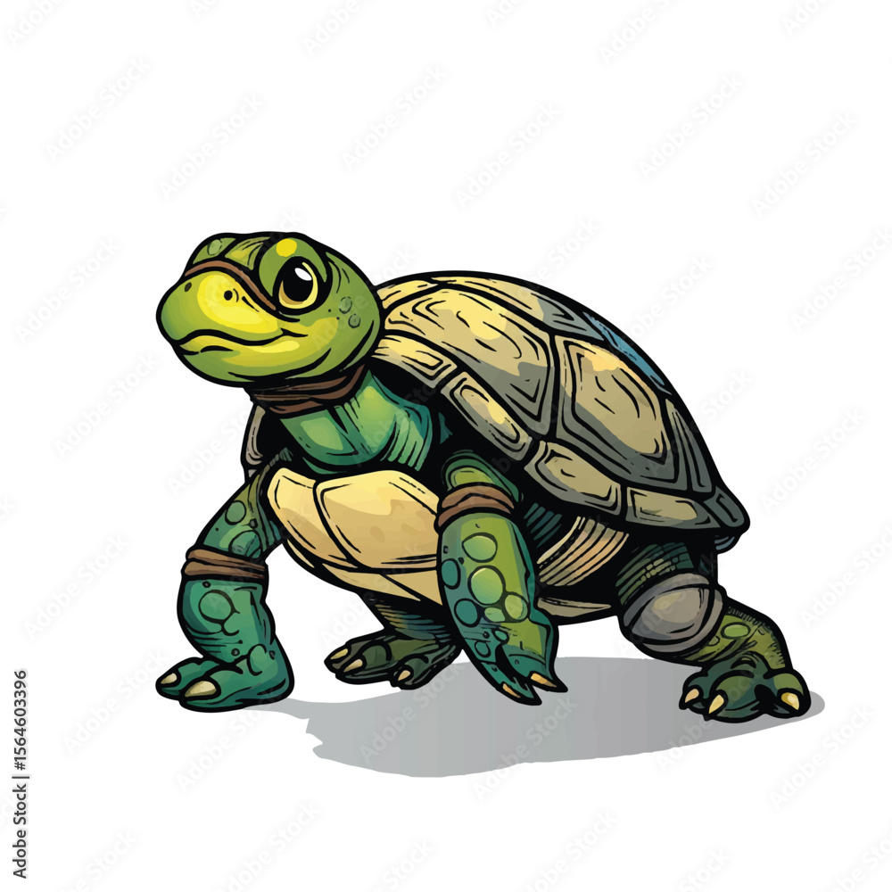 Fototapeta premium Stylized Green Turtle with Detailed Shell and Focused Gaze Cartoon Illustration