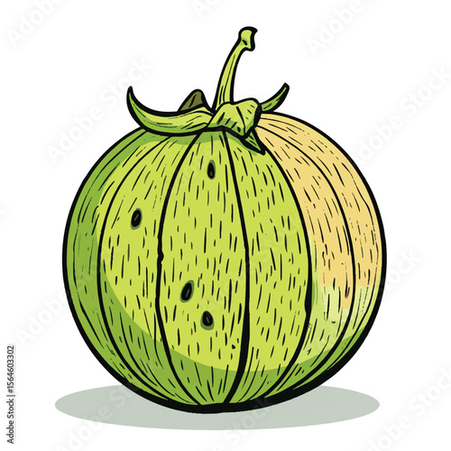 Stylized Green and Yellow Melon with Black Seed Spots and Curving Stem
