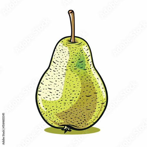 Stylized Green Pear with Brown Stem and Black Speckles Front View