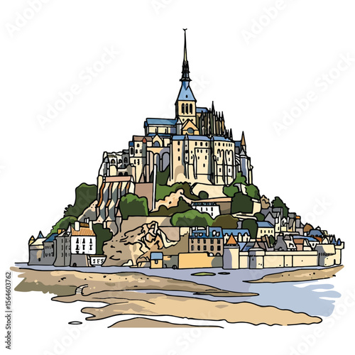 Stylized Illustration of Mont Saint Michel Abbey and Village