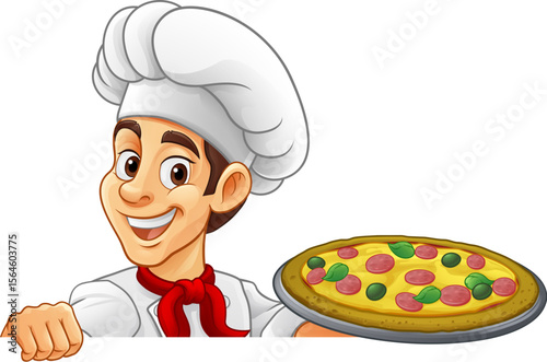 A chef cook holding a pizza cartoon food man mascot character illustration