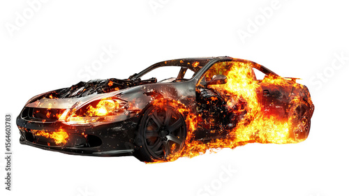 Severely damaged sports car engulfed in flames — high-resolution transparent background PNG cutout ideal for emergency accident illustrations, vehicle wreck graphics, and automotive safety designs