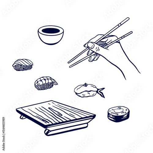 Sushi set. Hand holding chopsticks, serving board, sauce. Hand drawn vector illustration of Japanese cuisine in graphic black and white style. For design menu, invitations, banners, posters, booklets.