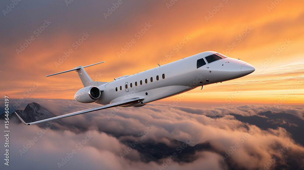 Obraz premium Private Jet Flying Through Sunset Sky