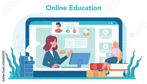 Digital Learning Two Women Engaging in Online Education with Computer and Books