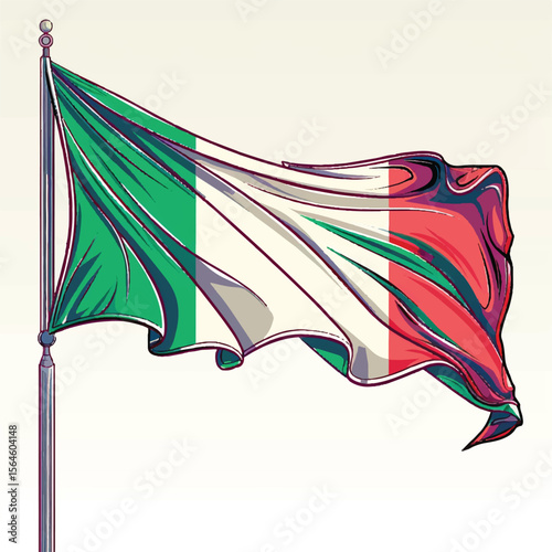 Stylized Italian Flag Waving on a Silver Pole with Ornamental Finial