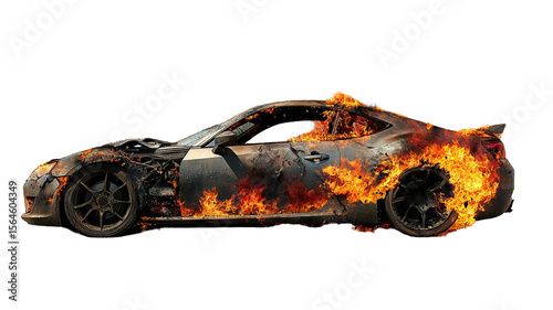 Severely damaged sports car engulfed in flames — high-resolution transparent background PNG cutout ideal for emergency accident illustrations, vehicle wreck graphics, and automotive safety designs